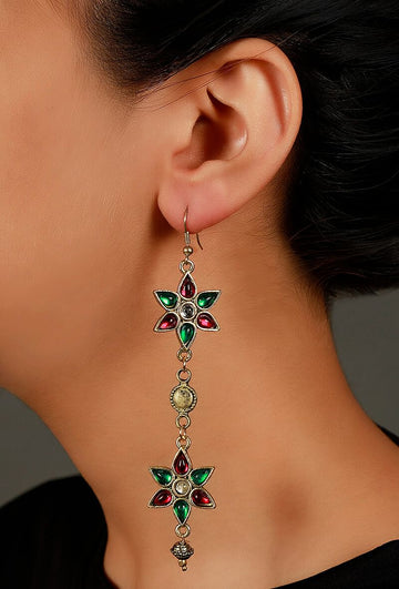 Double Flower Afghan German Silver Earrings